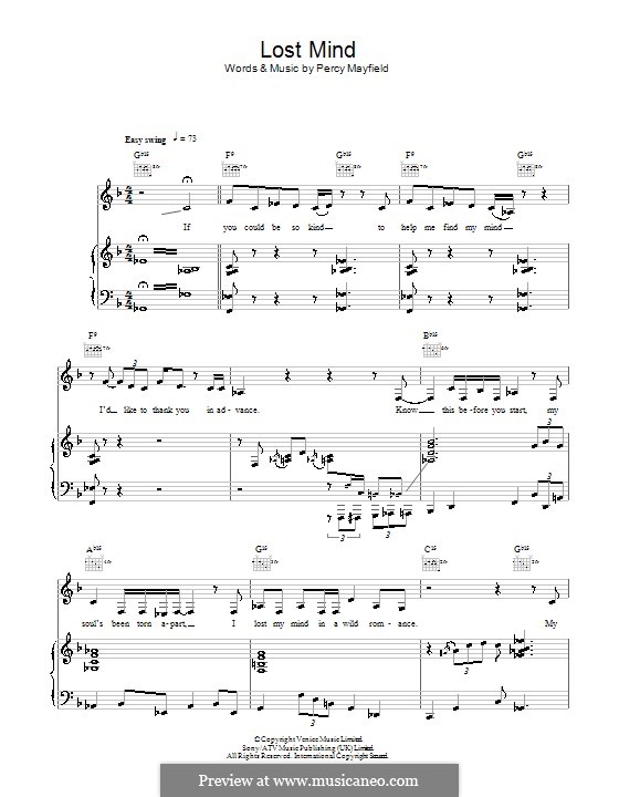 Lost Mind (Diana Krall): Für Stimme und Klavier (oder Gitarre) by Percy Mayfield