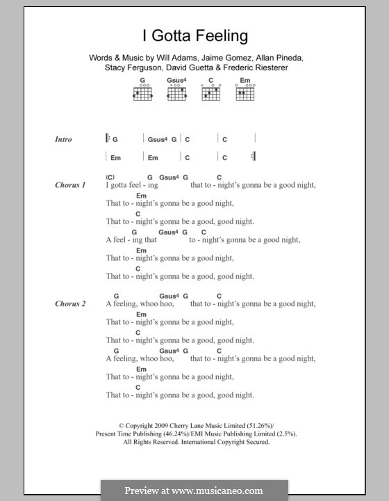 I Gotta Feeling (The Black Eyed Peas): Texte und Akkorde by apl.de.ap, David Guetta, Frédéric Riesterer, Jaime Gomez, Stacy Ferguson, will.i.am