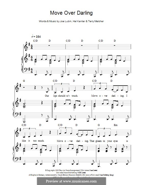 Move Over Darling (Doris Day): Für Stimme und Klavier (oder Gitarre) by Hal Kanter, Joe Lubin, Terry Melcher