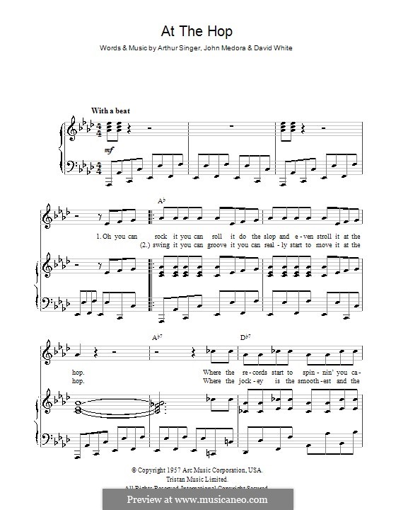 At the Hop (Danny & The Juniors): Für Stimme und Klavier (oder Gitarre) by Arthur Singer, David White, John Medora