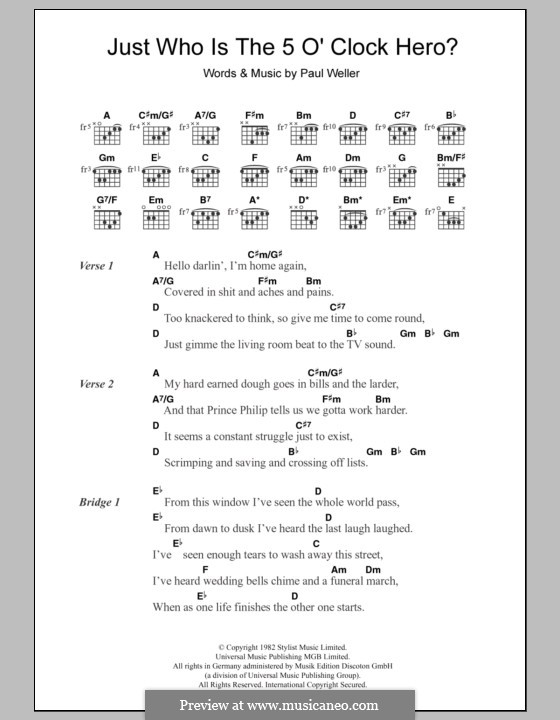 Just Who Is the 5 O'Clock Hero? (The Jam): Text und Akkorde by Paul Weller