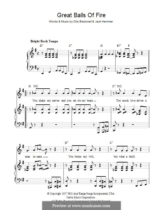 Great Balls of Fire (Jerry Lee Lewis): Für Stimme und Klavier oder Gitarre (G-Dur) by Jack Hammer, Otis Blackwell
