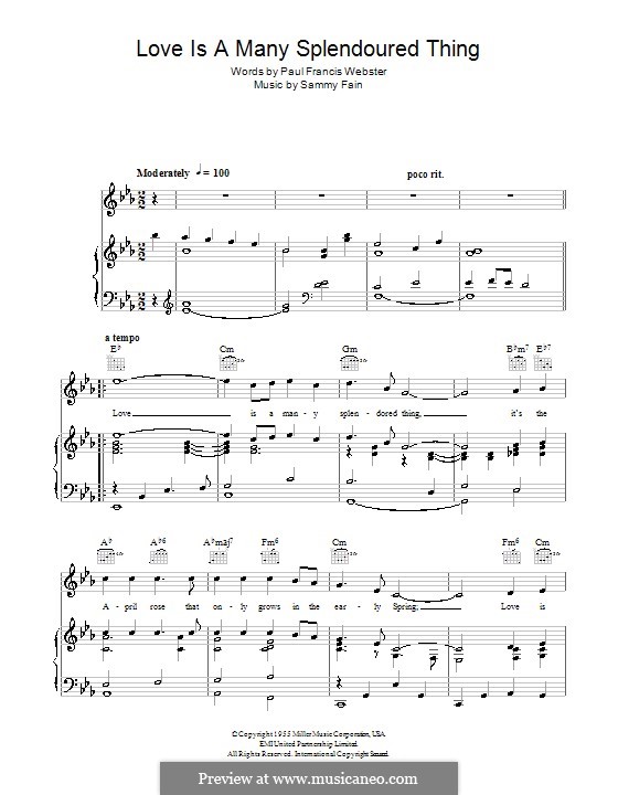 Love Is a Many-Splendored Thing (The Four Aces): Für Stimme und Klavier (oder Gitarre) by Sammy Fain