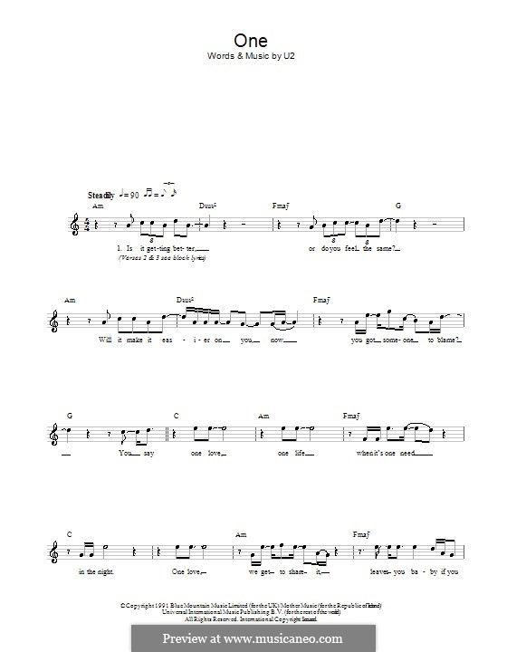 One: Melodie, Text und Akkorde by U2, Adam Clayton, David Evans, Larry Mullen Jr., Paul Hewson