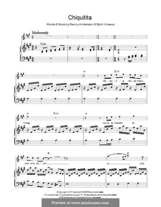 Chiquitita (ABBA): Für Stimme und Klavier (oder Gitarre) by Benny Andersson, Björn Ulvaeus
