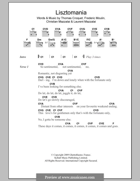 Lisztomania (Phoenix): Text und Akkorde by Christian Mazzalai, Frederic Moulin, Laurent Mazzalai, Thomas Croquet