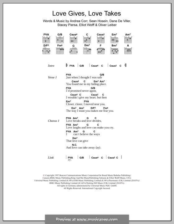 Love Gives Love Takes (The Corrs): Text und Akkorde by Andrea Corr, Dane De Viller, Elliot Wolff, Oliver Leiber, Sean Hosein, Stacey Piersa