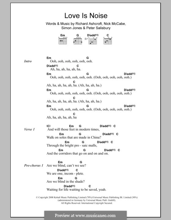 Love Is Noise (The Verve): Text und Akkorde by Nick McCabe, Peter Salisbury, Richard Ashcroft, Simon Jones