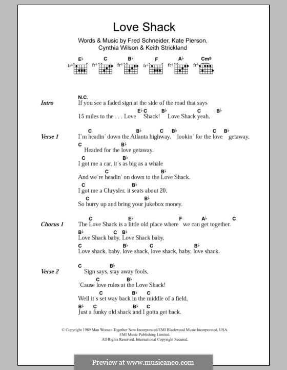 Love Shack (The B-52's): Text und Akkorde by Cynthia L. Wilson, Frederick W. Schneider, Kate Pierson, Keith J. Strickland