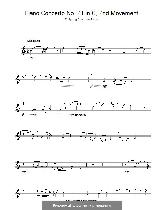 Konzert für Klavier und Orchester Nr.21 in C-Dur, K.467: Teil II (Fragment). Version für Saxophon by Wolfgang Amadeus Mozart