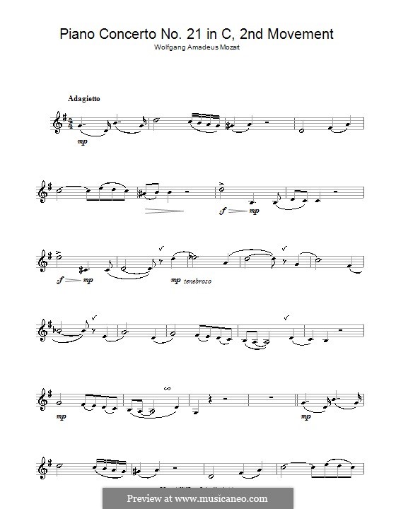 Konzert für Klavier und Orchester Nr.21 in C-Dur, K.467: Teil II (Fragment). Version für Klarinette by Wolfgang Amadeus Mozart