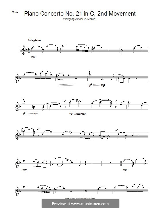 Konzert für Klavier und Orchester Nr.21 in C-Dur, K.467: Teil II (Fragment). Version für Flöte by Wolfgang Amadeus Mozart
