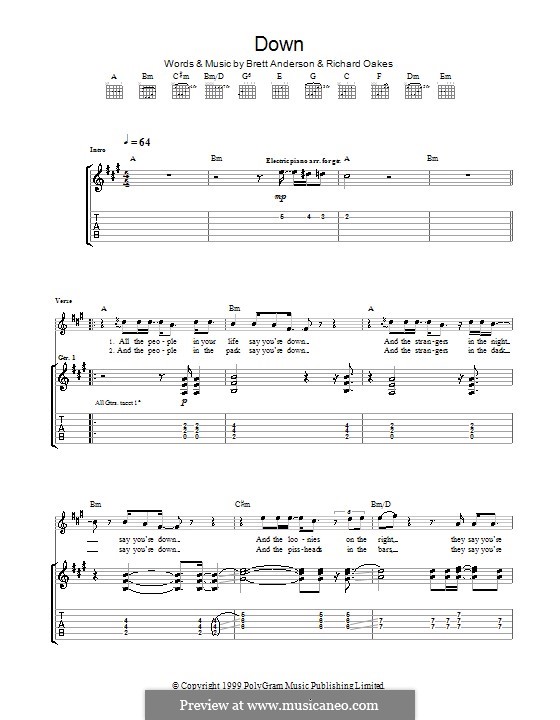 Down (Suede): Für Gitarre mit Tab by Brett Anderson, Richard Oakes