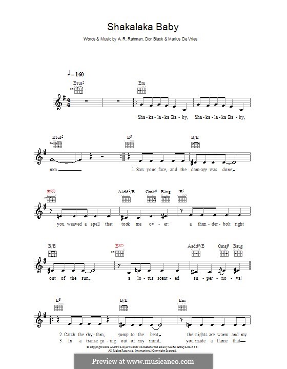 Shakalaka Baby (from Bombay Dreams): Melodie, Text und Akkorde by A.R. Rahman, Don Black, Marius De Vries