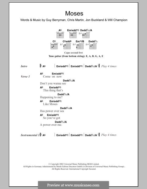 Moses (Coldplay): Text und Akkorde by Chris Martin, Guy Berryman, Jonny Buckland, Will Champion