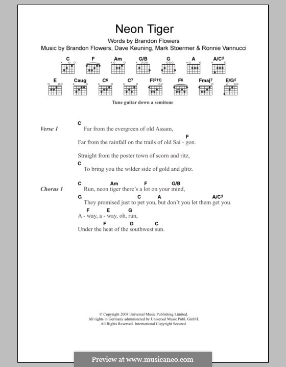 Neon Tiger (The Killers): Text und Akkorde by Brandon Flowers, Dave Keuning, Mark Stoermer, Ronnie Vannucci