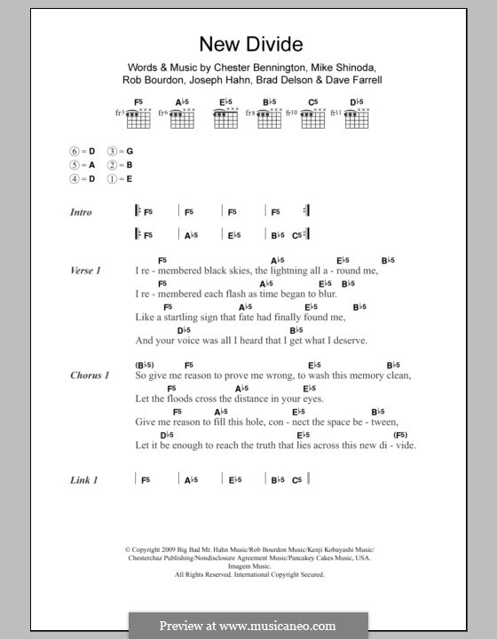 New Divide (from 'Transformers: Revenge of The Fallen') Linkin Park: Text und Akkorde by Brad Delson, Charles Bennington, David Farrell, Joseph Hahn, Mike Shinoda, Rob Bourdon