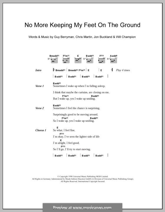 No More Keeping My Feet on the Ground (Coldplay): Text und Akkorde by Chris Martin, Guy Berryman, Jonny Buckland, Will Champion