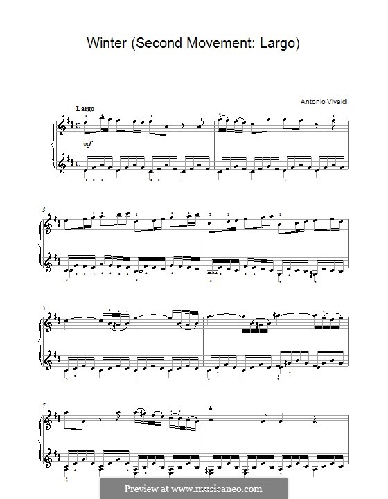 Violinkonzert Nr.4 in f-Moll 'Winter', RV 297: Teil II. Bearbeitung für Klavier (Noten von hoher Qualität) by Antonio Vivaldi