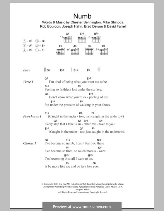 Numb (Linkin Park): Text und Akkorde by Brad Delson, Charles Bennington, David Farrell, Joseph Hahn, Mike Shinoda, Rob Bourdon