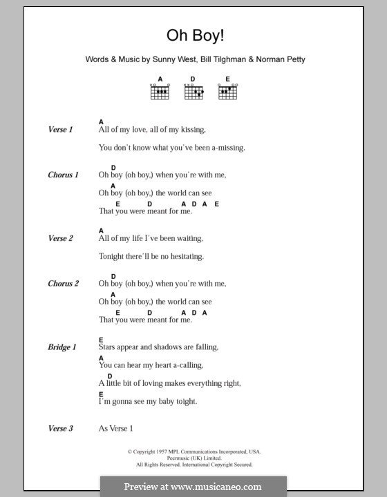 Oh Boy! (Buddy Holly): Texte und Akkorde by Bill Tilghman, Norman Petty, Sunny West