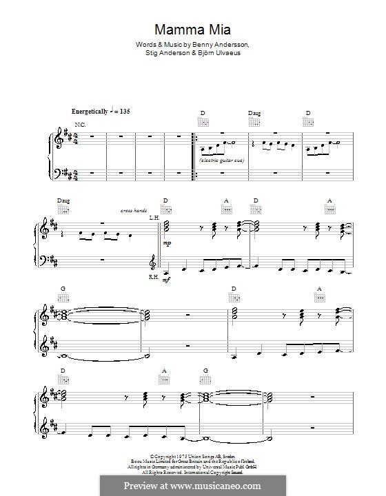 Mamma Mia (ABBA): Einfache Noten für Klavier (D-Dur) by Benny Andersson, Björn Ulvaeus, Stig Anderson