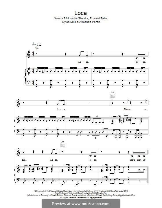 Loca (Shakira feat. Dizzee Rascal): Für Stimme und Klavier (oder Gitarre) by Shakira, Pitbull, Dylan Mills, Edward Bello