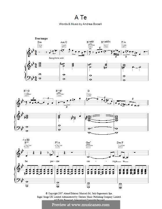 A Te: Für Stimme und Klavier (oder Gitarre) by Andrea Bocelli