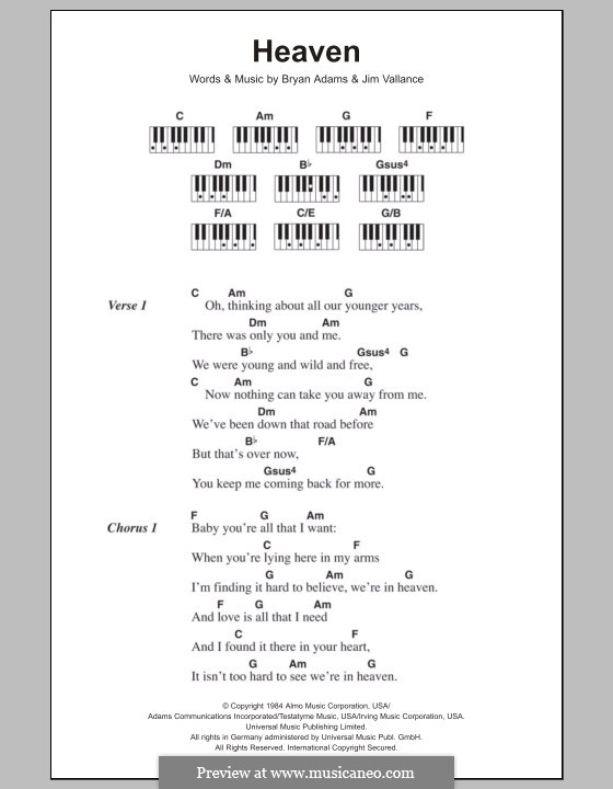 Heaven (DJ Sammy): Text und Akkorde für Klavier by Bryan Adams, Jim Vallance