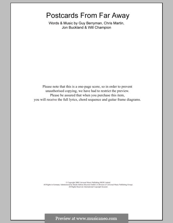Postcards from Far Away (Coldplay): Text und Akkorde by Chris Martin, Guy Berryman, Jonny Buckland, Will Champion