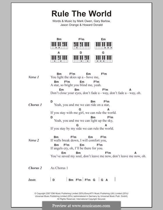 Rule the World (from Stardust): Text und Akkorde für Klavier (Take That) by Gary Barlow, Howard Donald, Jason Orange, Mark Owen