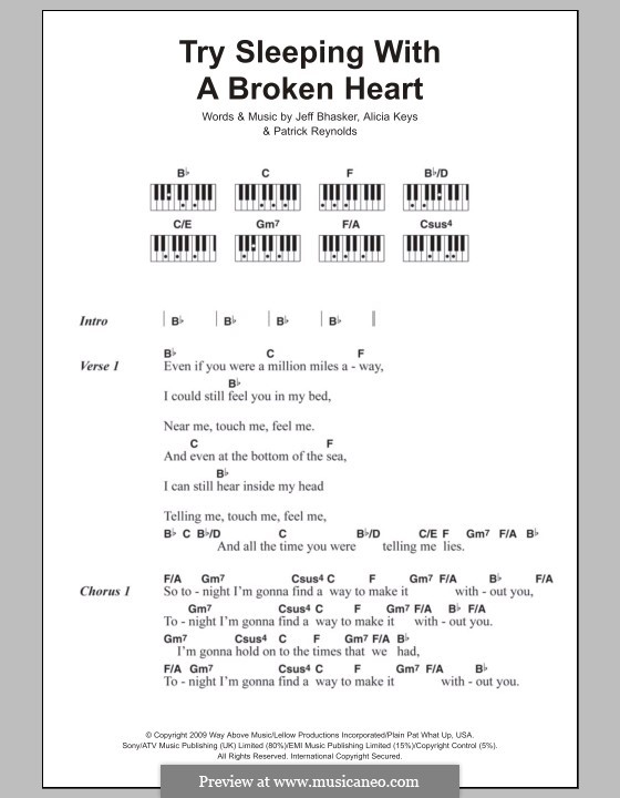 Try Sleeping with a Broken Heart: Text und Akkorde für Klavier by Alicia Keys, Jeff Bhasker, Patrick Reynolds