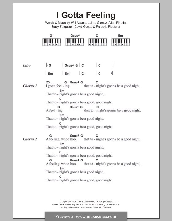 I Gotta Feeling (The Black Eyed Peas): Text und Akkorde für Klavier by apl.de.ap, David Guetta, Frédéric Riesterer, Jaime Gomez, Stacy Ferguson, will.i.am