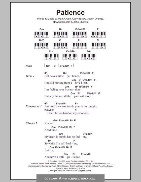 Patience (Take That): Text und Akkorde für Klavier by Gary Barlow, Howard Donald, Jason Orange, John M Shanks, Mark Owen