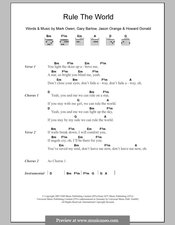 Rule the World (from Stardust): Text und Akkorde (Take That) by Gary Barlow, Howard Donald, Jason Orange, Mark Owen