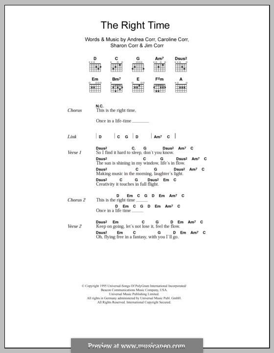 The Right Time (The Corrs): Text und Akkorde by Andrea Corr, Caroline Corr, Jim Corr, Sharon Corr