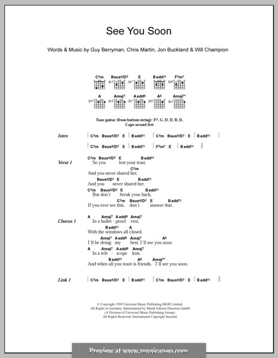 See You Soon (Coldplay): Text und Akkorde by Chris Martin, Guy Berryman, Jonny Buckland, Will Champion