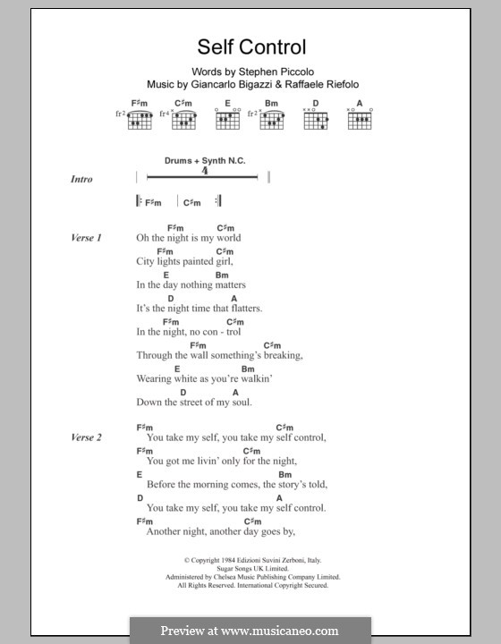 Self Control (Laura Branigan): Text und Akkorde by Giancarlo Bigazzi, Raffaele Riefolo