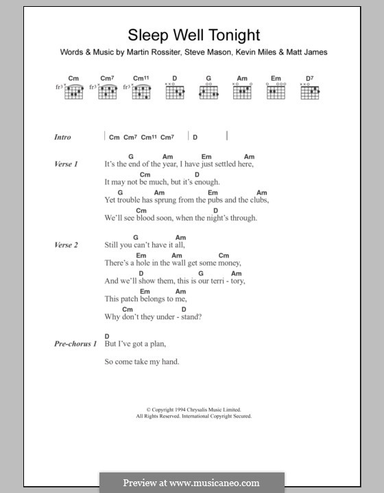 Sleep Well Tonight: Texte und Akkorde by Kevin Miles, Martin Rossiter, Matt James, Stephen Mason