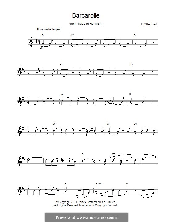 Barcarolle (Printable Scores): Version für Flöte by Jacques Offenbach