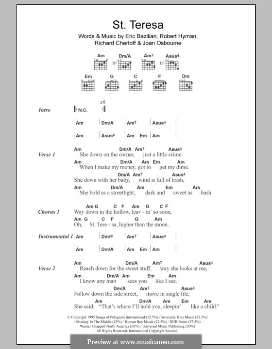 St. Teresa: Text und Akkorde by Eric Bazilian, Joan Osbourne, Richard Chertoff, Robert Hyman