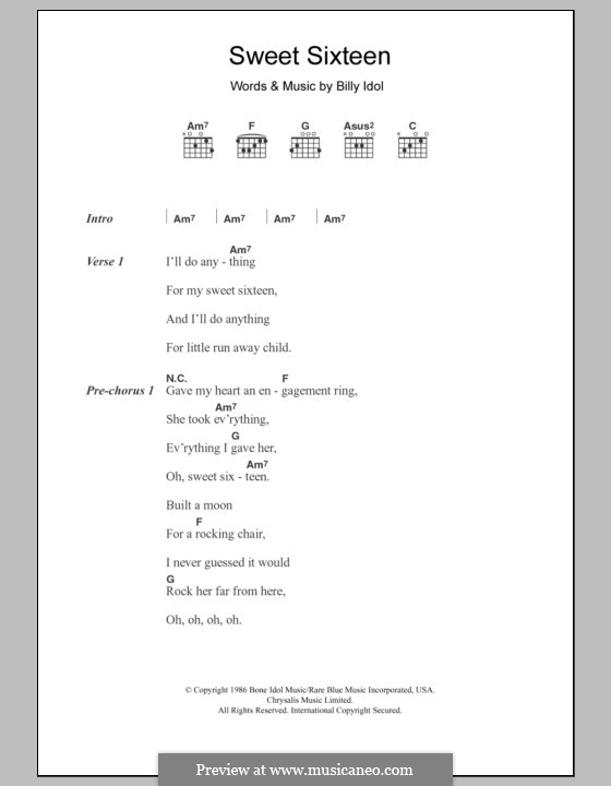 Sweet Sixteen: Texte und Akkorde by Billy Idol