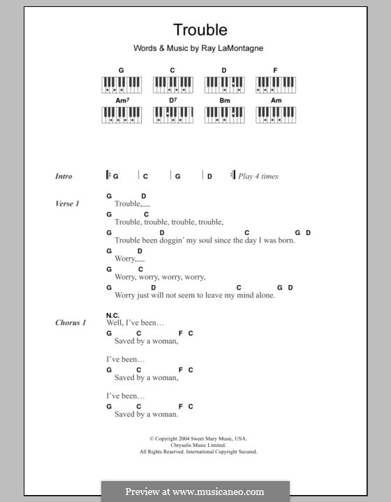 Trouble: Text und Akkorde für Klavier by Ray LaMontagne