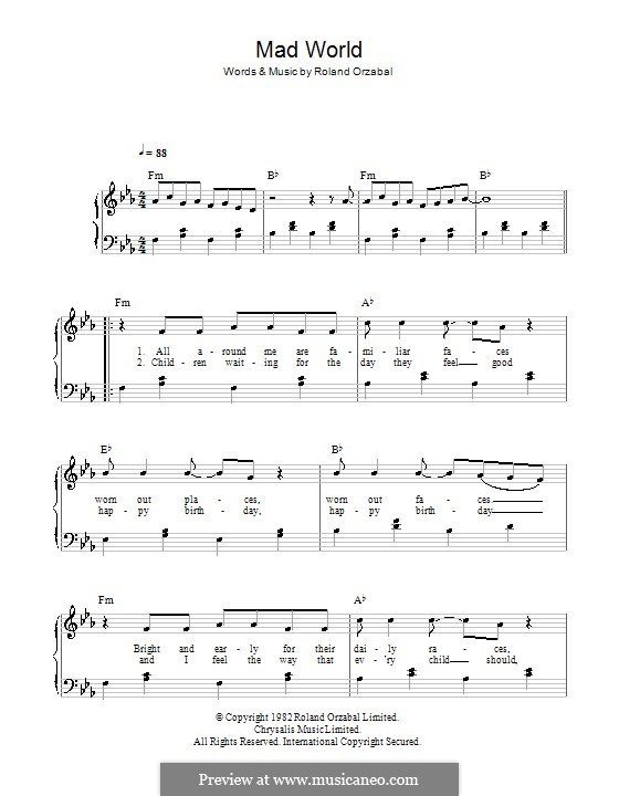 Mad World (Gary Jules & Michael Andrews): Einfache Noten für Klavier by Roland Orzabal