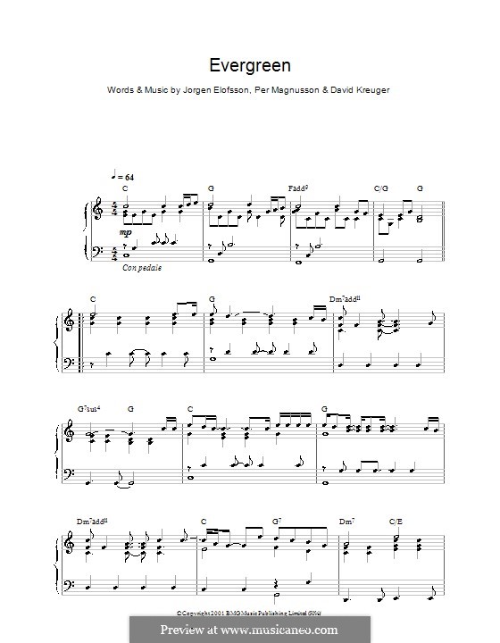 Evergreen (Westlife): Für Klavier by David Kreuger, Jörgen Kjell Elofsson, Per Magnusson