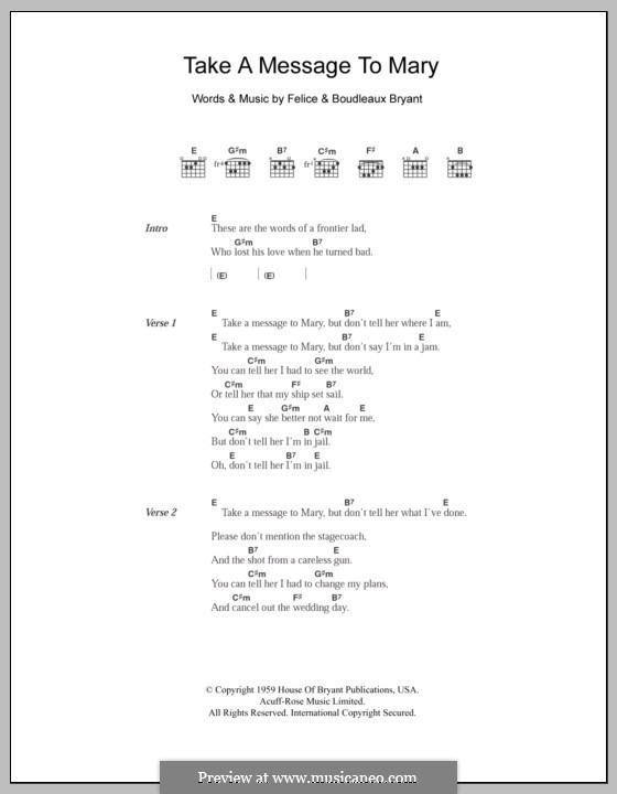 Take a Message to Mary (The Everly Brothers): Text und Akkorde by Boudleaux Bryant, Felice Bryant