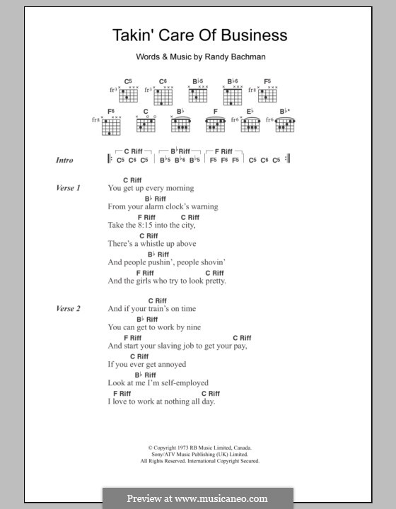 Takin' Care of Business (Bachman-Turner Overdrive): Text und Akkorde by Randy Bachman