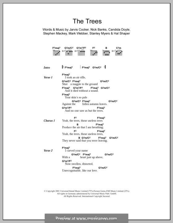 The Trees (Pulp): Text und Akkorde by Candida Doyle, Hal Shaper, Jarvis Cocker, Mark Webber, Nick Banks, Stanley Myers, Stephen Mackey