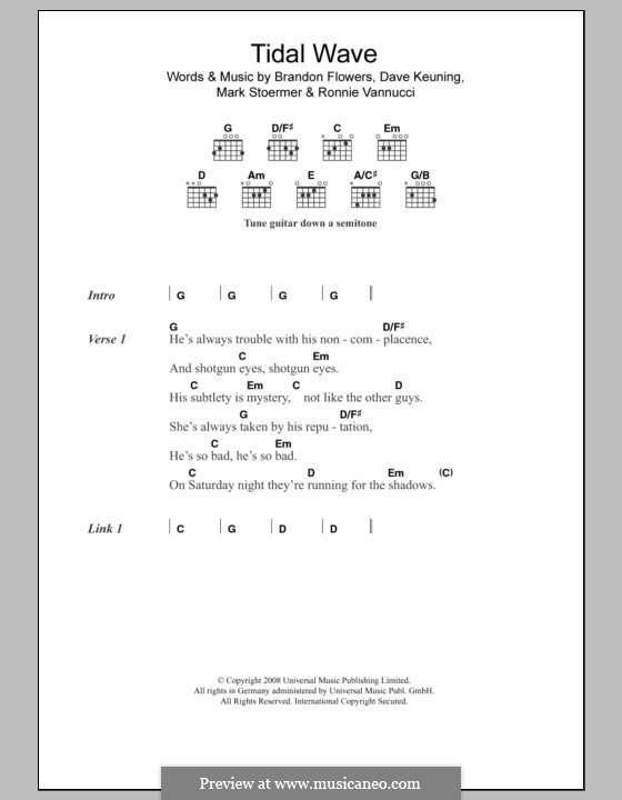 Tidal Wave (The Killers): Text und Akkorde by Brandon Flowers, Dave Keuning, Mark Stoermer, Ronnie Vannucci
