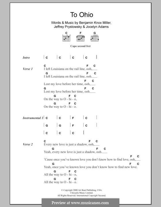 To Ohio (The Low Anthem): Texte und Akkorde by Benjamin Knox Miller, Jeffrey Prystowsky, Jocelyn Adams
